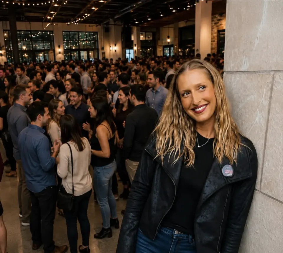 A crowded singles mixer under string lights