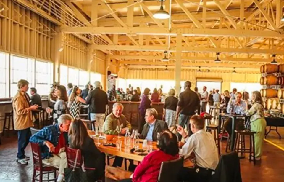Guests talking at long tables during a daytime mixer in a winery hall